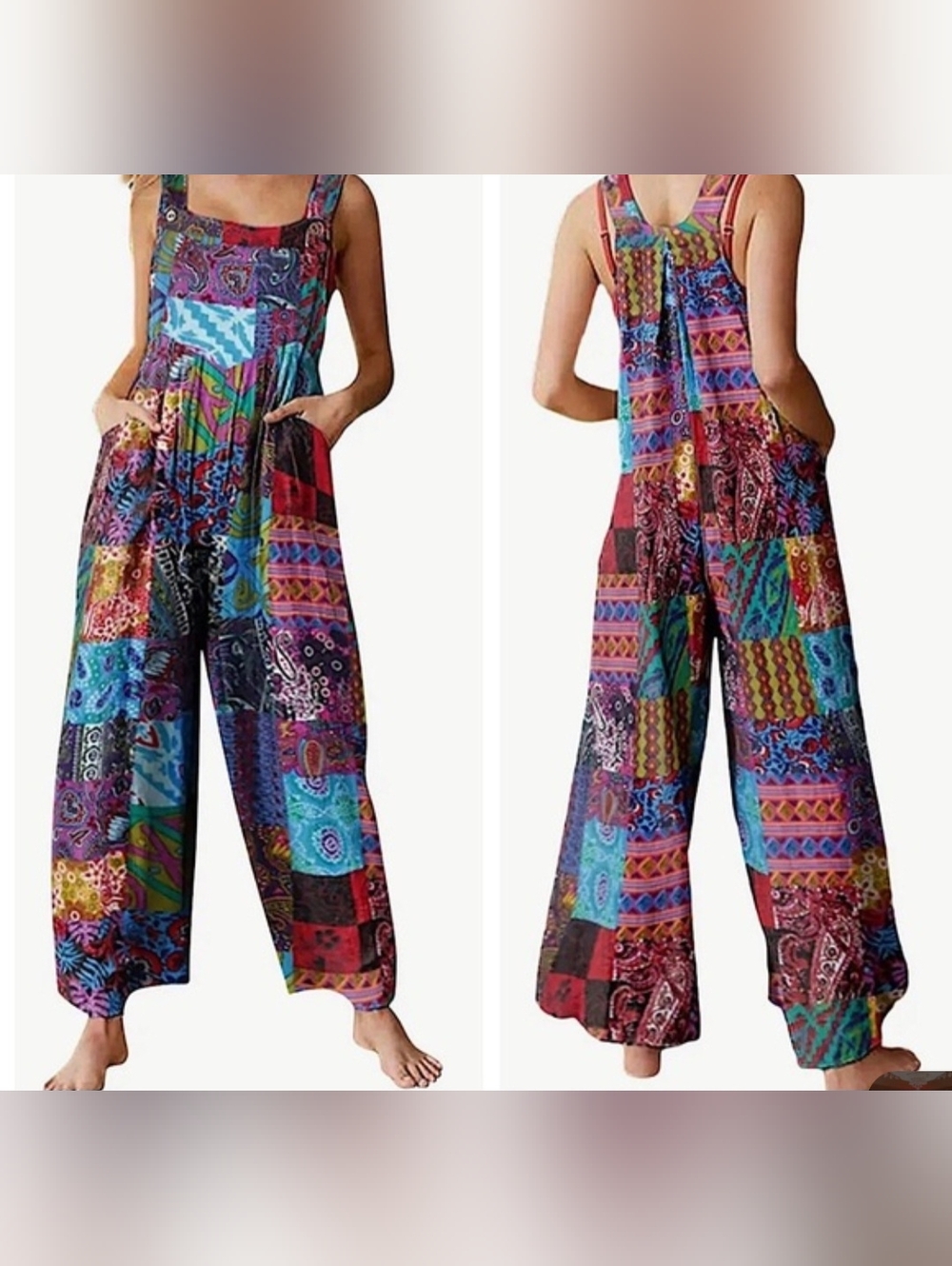 Women Summer Boho Floral Loose Wide Leg Overall Jumpsuits with Pockets Size XL - Picture 4 of 12